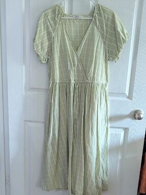 Madewell Light Green Plaid Midi Wrap Dress